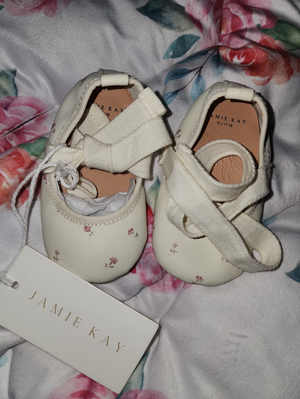 Jamie Kay Cream Baby Mary Jane Shoes with Pink Floral